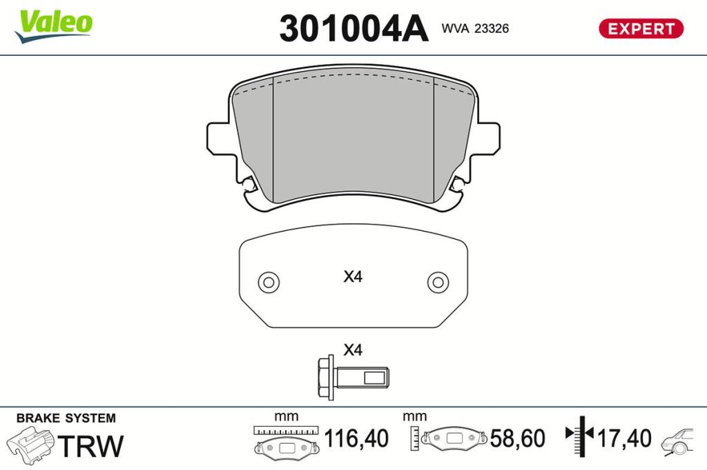 Jeu de 4 plaquettes de frein VALEO ref. 301004A